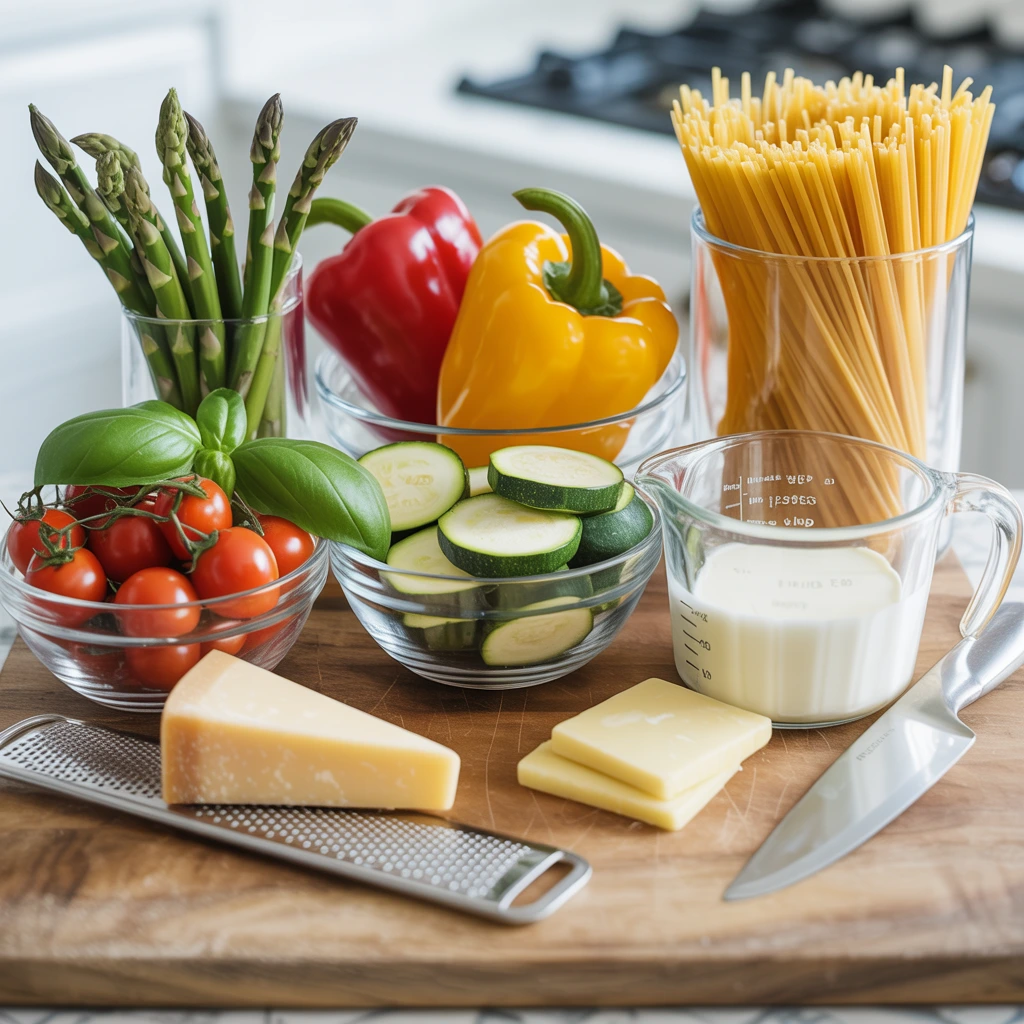 Assortment of fresh vegetables, pasta, cheese, and cream prepared on a wooden cutting board, ready for Pasta Primavera cooking.
