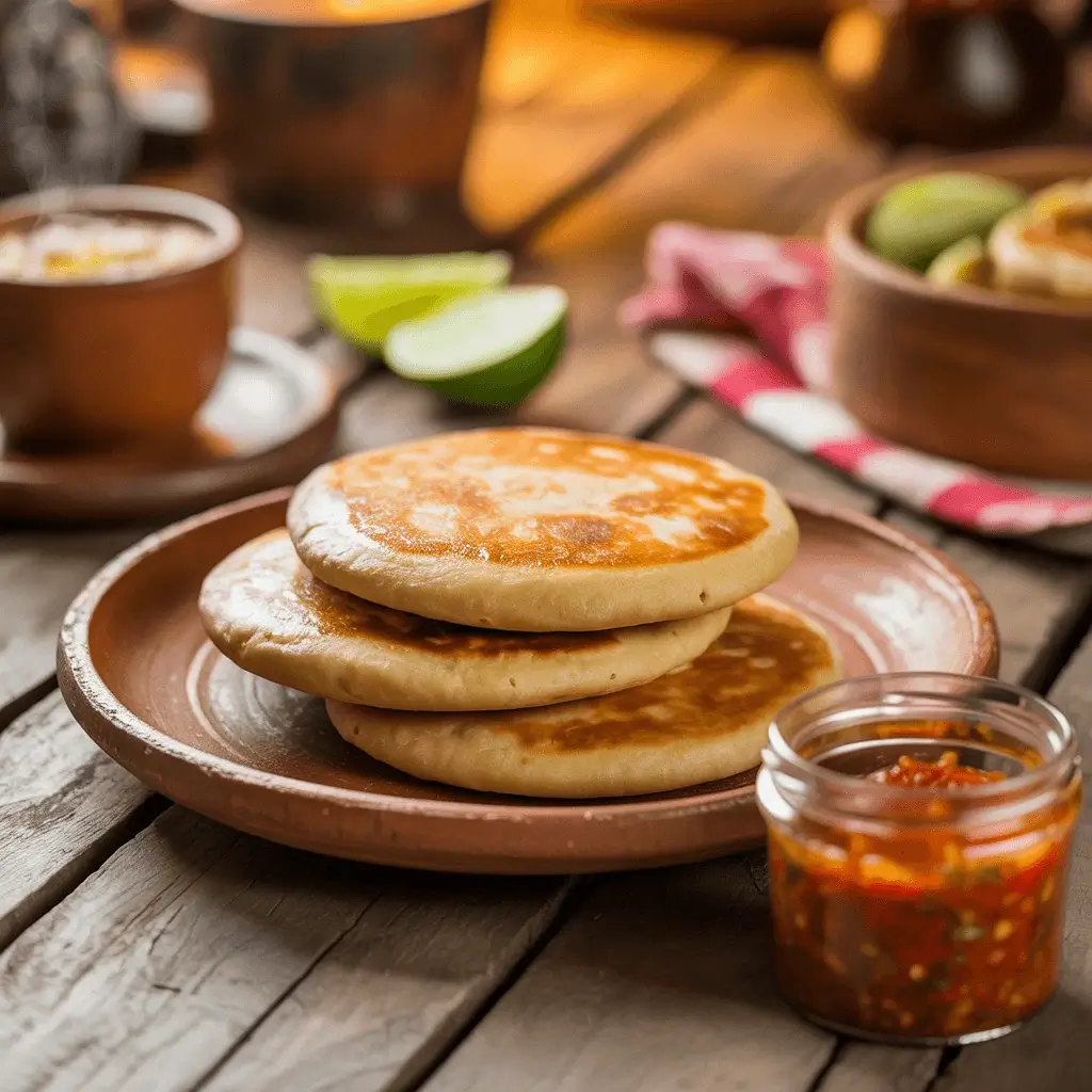 Three golden, pan-fried pupusas stacked on a clay plate with a small jar of red salsa in front and lime wedges and rustic tableware blurred in the background.