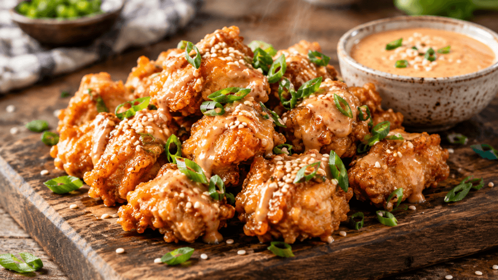 Golden brown crispy chicken bites coated in creamy orange-pink sauce, garnished with chopped green onions and sesame seeds, served on a rustic wooden board.
