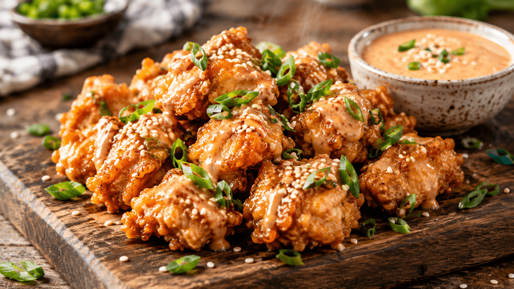 Golden brown crispy chicken bites coated in creamy orange-pink sauce, garnished with chopped green onions and sesame seeds, served on a rustic wooden board.