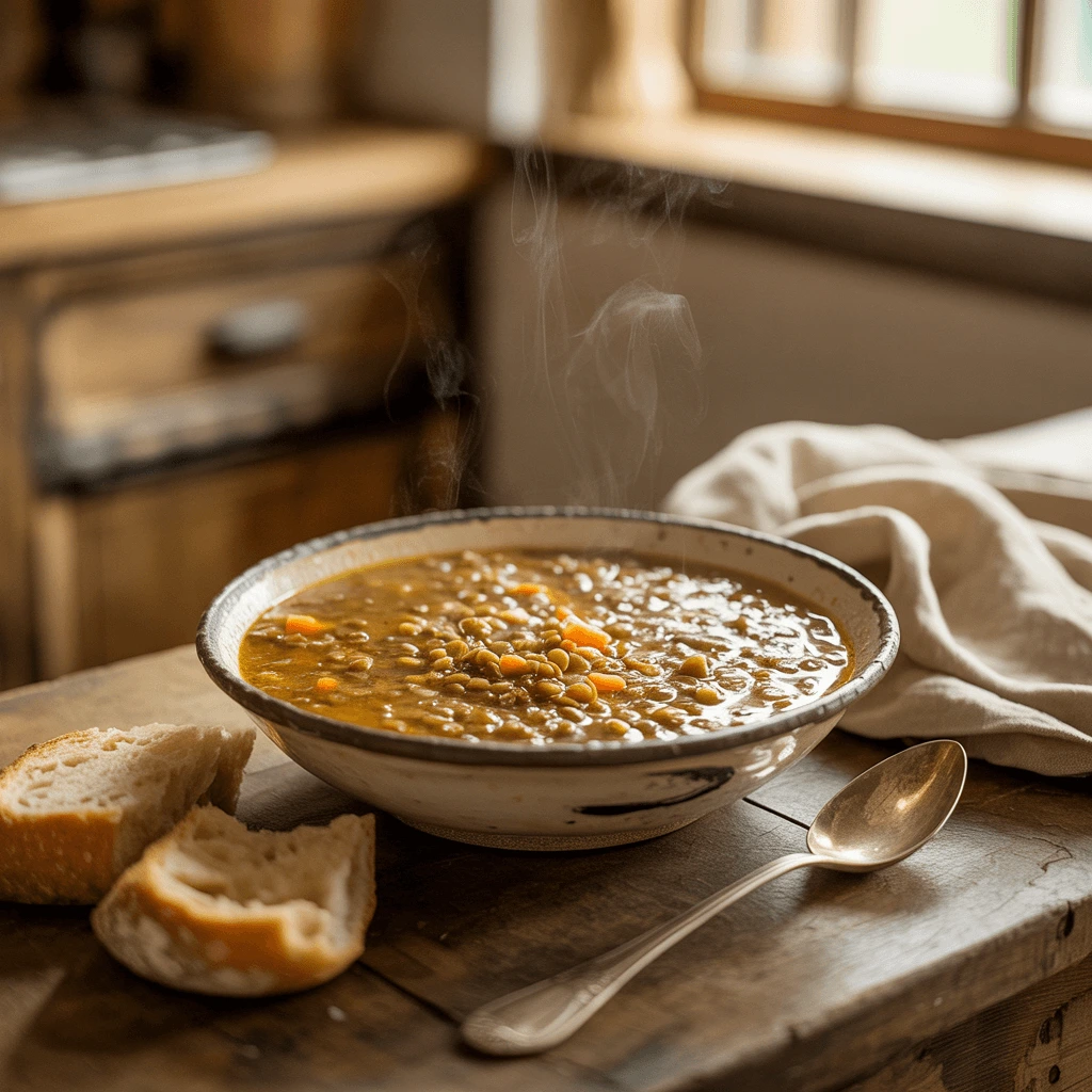 Bowl of thick lentil soup with carrots, spinach and herbs, garnished with parsley and a drizzle of olive oil, sitting on a wooden table with natural lighting.