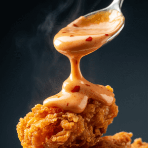 Golden brown crispy chicken bites coated in creamy orange-pink sauce, garnished with chopped green onions and sesame seeds, served on a rustic wooden board.