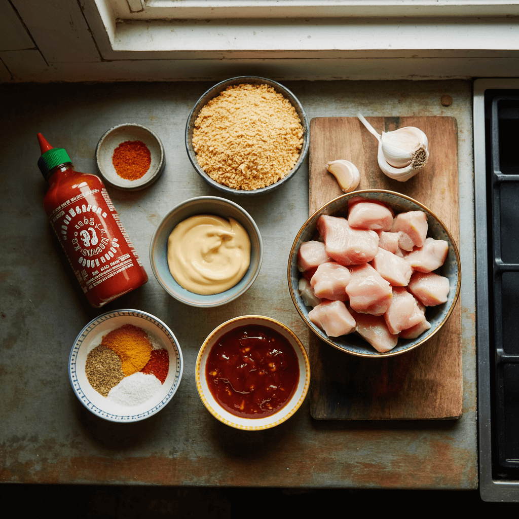 Raw ingredients for Bang Bang Chicken Bites arranged on a counter: chunks of raw chicken, Panko breadcrumbs, mayonnaise, sweet chili sauce, Sriracha bottle, garlic, and spices.