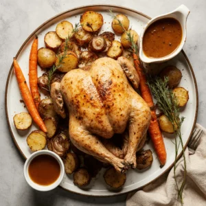 juicy roast chicken with crispy skin and roasted vegetables