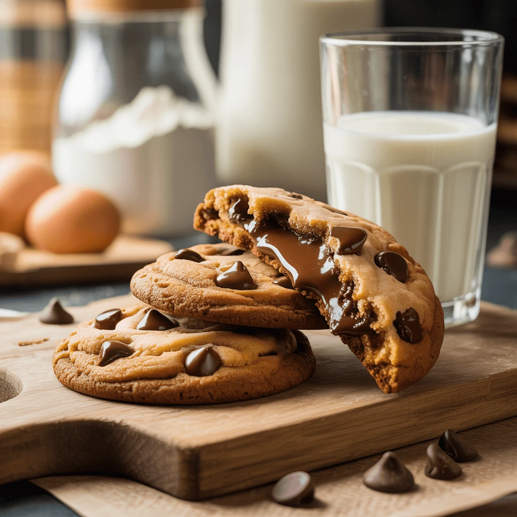 fresh baked chocolate chip cookies with melted chips and chewy centers