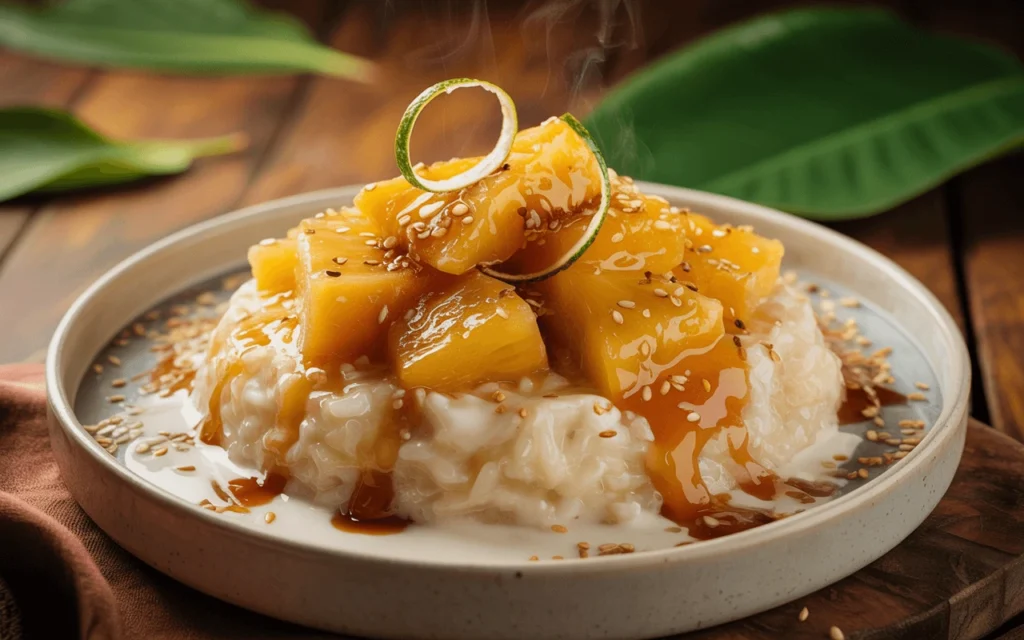 Creamy coconut sticky rice topped with caramelized pineapple chunks, sesame seeds, and lime zest on a ceramic plate, coconut sauce pooling around the dessert.