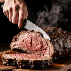 Hand carving a perfectly cooked medium-rare prime rib roast with a crisp herb crust