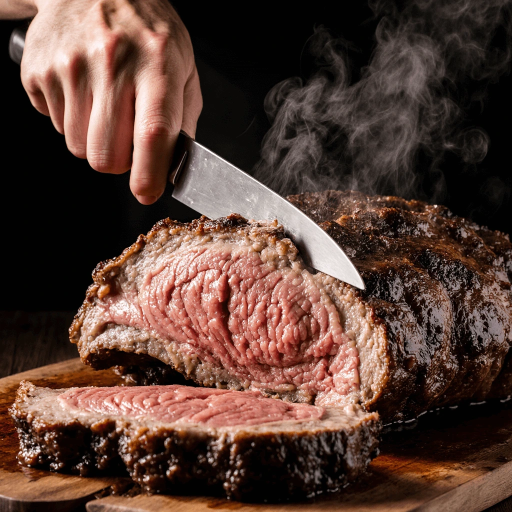 Hand carving a perfectly cooked medium-rare prime rib roast with a crisp herb crust