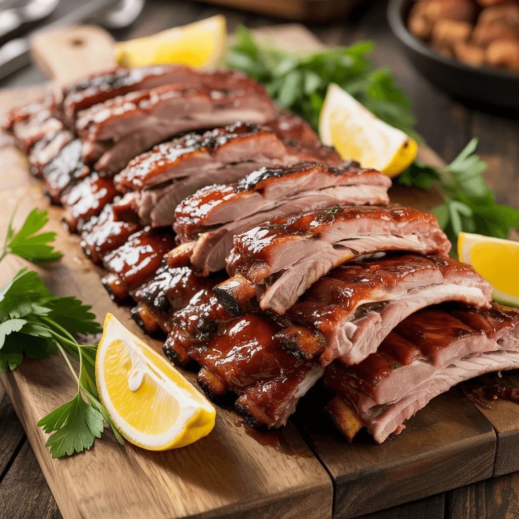 A high-definition, mouth-watering image of a rack of oven-baked spare ribs, glossy with a caramelized glaze, resting on a wooden cutting board. A few ribs are pulled apart, revealing tender, fall-off-the-bone meat.