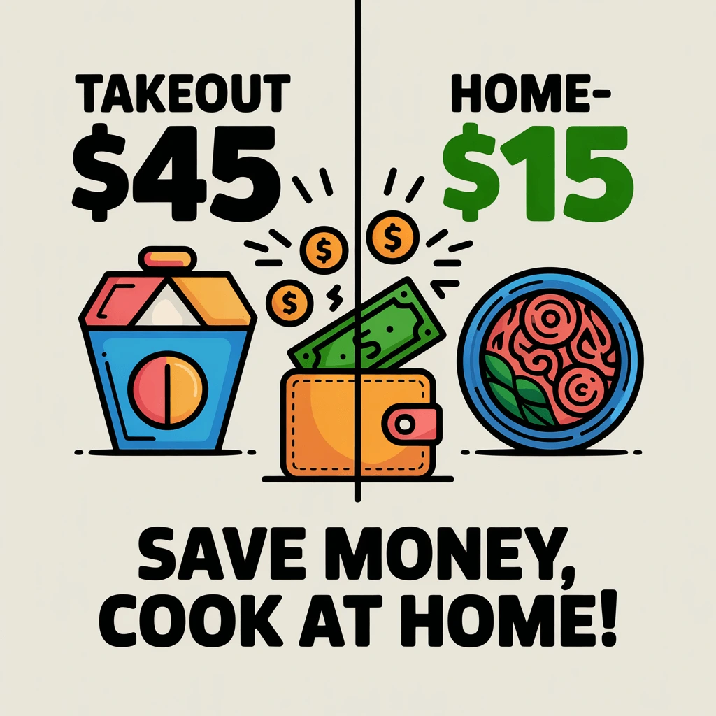 Visual cost comparison: $45 for takeout vs $15 for homemade dinner, promoting easy dinner recipes to save money.