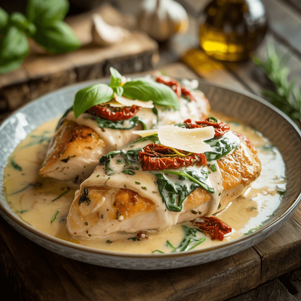 Creamy Tuscan Garlic Chicken keto recipe - golden seared chicken breasts in rich parmesan cream sauce with sun-dried tomatoes and spinach, garnished with fresh basil