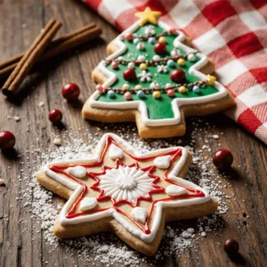 An assortment of beautifully decorated Christmas sugar cookies with royal icing on a rustic table, ready for the holidays.
