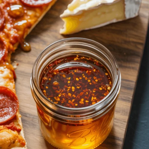 Homemade hot honey recipe with chili peppers in glass jar