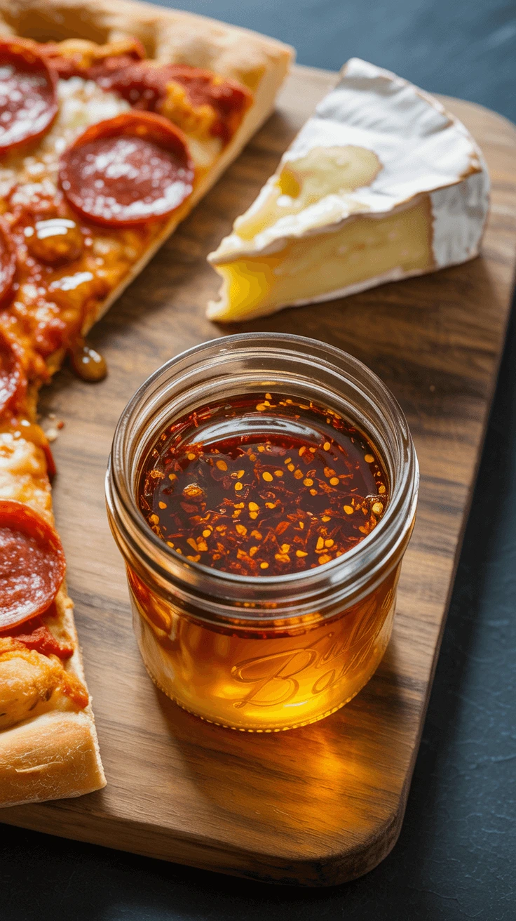 Homemade hot honey recipe with chili peppers in glass jar