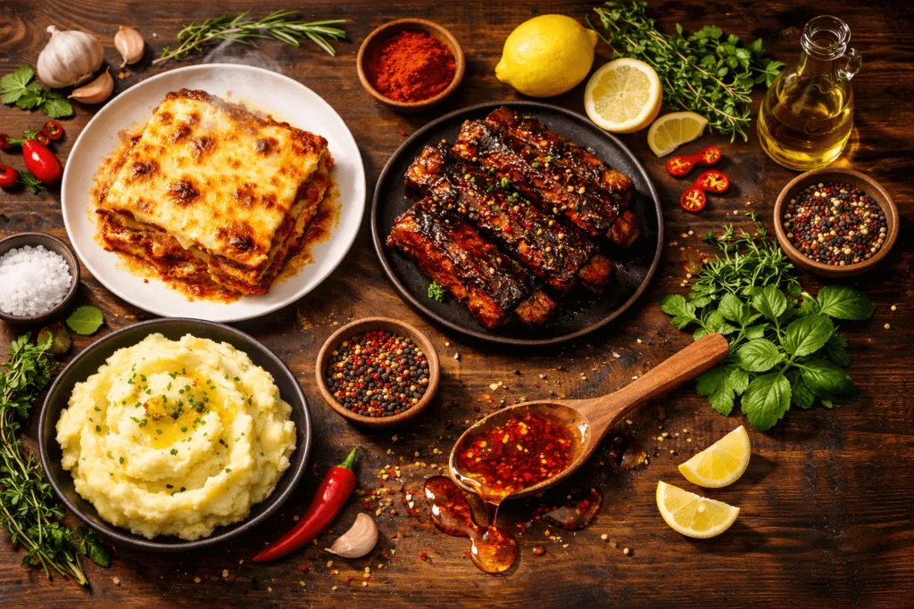 Tasty dinner recipes flatlay with homemade lasagna, glazed pork ribs, creamy mashed potatoes, and hot honey on wooden table