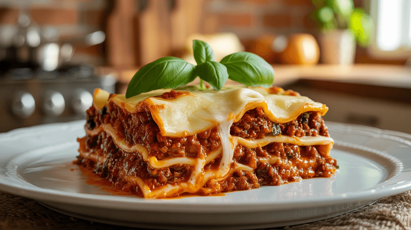 Slice of classic lasagna showing distinct layers of pasta, meat sauce, ricotta and mozzarella