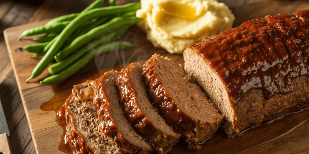 Classic meatloaf recipe sliced on a wooden board with mashed potatoes and green beans, showing moist interior and caramelized glaze