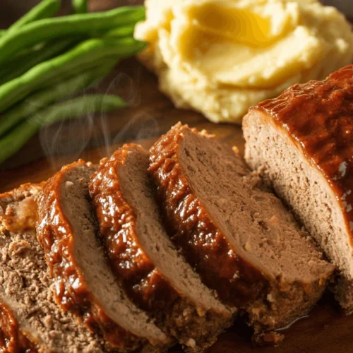 Classic meatloaf recipe sliced on a wooden board with mashed potatoes and green beans, showing moist interior and caramelized glaze