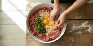 Hands mixing ground beef with eggs and breadcrumbs for classic meatloaf recipe in a white bowl