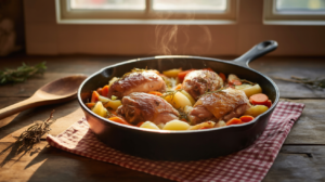 One-pan lemon herb chicken with roasted vegetables on baking sheet - easy 35-minute dinner recipe