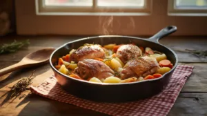 One-pan lemon herb chicken with roasted vegetables on baking sheet - easy 35-minute dinner recipe