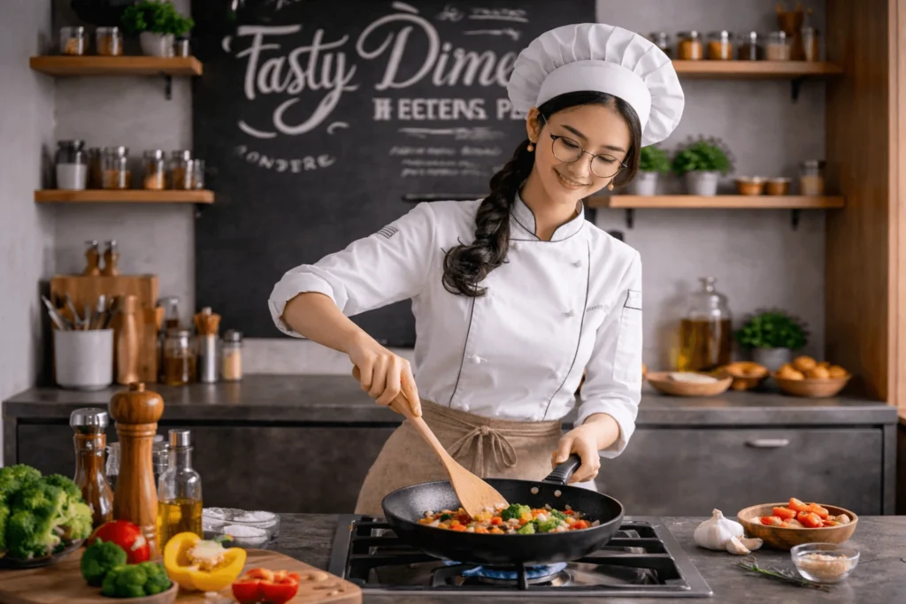 Chef Ouika testing 30-minute dinner recipes in her home kitchen – 400+ meals tested since 2024