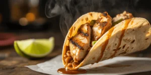 Three authentic pollo asado tacos on a wooden board with lime wedges and cilantro