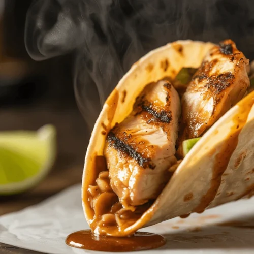 Three authentic pollo asado tacos on a wooden board with lime wedges and cilantro