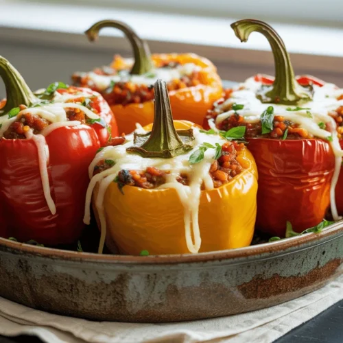 Roasted stuffed bell peppers filled with ground beef, rice, and melted cheddar cheese, garnished with fresh parsley on a rustic wooden table.