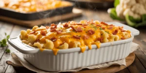 Creamy keto cauliflower mac and cheese in baking dish with golden cheddar crust, bacon bits, and melted gouda sauce coating cauliflower rice.