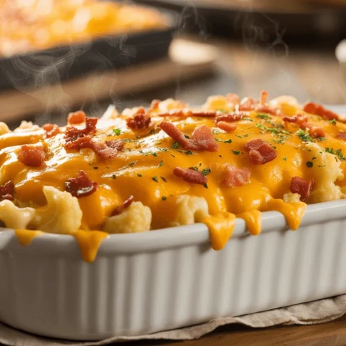Creamy keto cauliflower mac and cheese in baking dish with golden cheddar crust, bacon bits, and melted gouda sauce coating cauliflower rice.