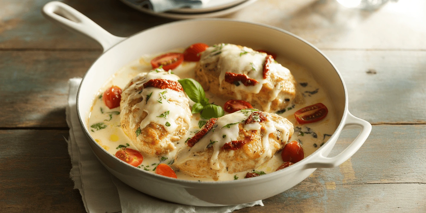 Creamy Marry Me Chicken in a skillet with sun-dried tomatoes and basil garnish