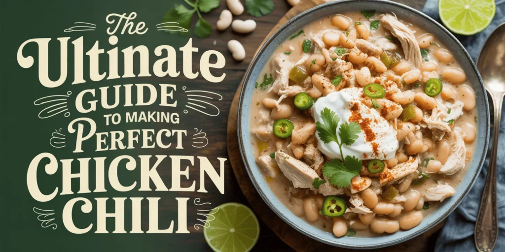 A steaming bowl of creamy White Chicken Chili topped with sliced avocado, shredded white cheese, a dollop of sour cream, and fresh cilantro leaves. Crushed tortilla chips surround the ceramic bowl on a rustic wooden table, creating a cozy autumn atmosphere
