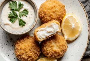 Crispy golden fish croquettes on white plate with tartar sauce bowl, lemon wedges and parsley garnish, steam rising, close-up food photography | tastydinnerrecipes.com