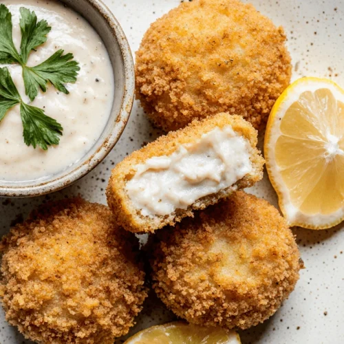 Crispy golden fish croquettes on white plate with tartar sauce bowl, lemon wedges and parsley garnish, steam rising, close-up food photography | tastydinnerrecipes.com