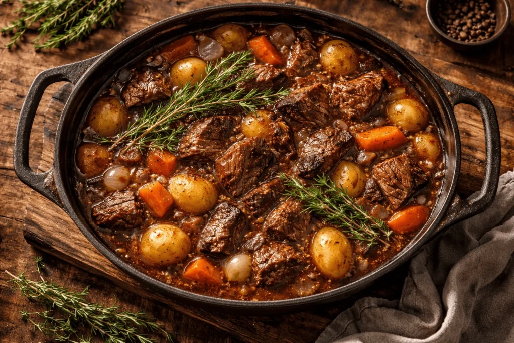 red wine beef stew in cast iron Dutch oven with tender beef chunks carrots potatoes rich gravy