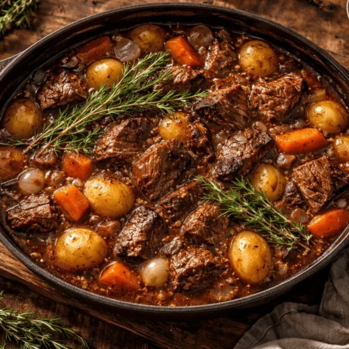 red wine beef stew in cast iron Dutch oven with tender beef chunks carrots potatoes rich gravy