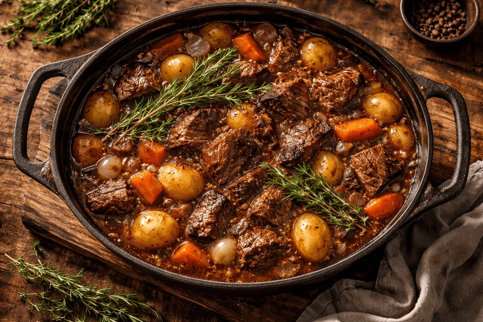 red wine beef stew in cast iron Dutch oven with tender beef chunks carrots potatoes rich gravy