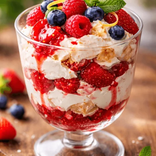 Classic Eton Mess dessert in glass with whipped cream, crushed meringues, juicy strawberries