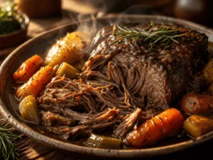 easy slow cooker pot roast chuck roast with carrots potatoes gravyALT: “Fork-tender slow cooker pot roast with carrots and potatoes in gravy
