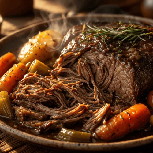 easy slow cooker pot roast chuck roast with carrots potatoes gravyALT: “Fork-tender slow cooker pot roast with carrots and potatoes in gravy