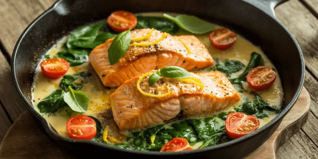 Creamy Tuscan salmon in a skillet with spinach, cherry tomatoes, and lemon garnish