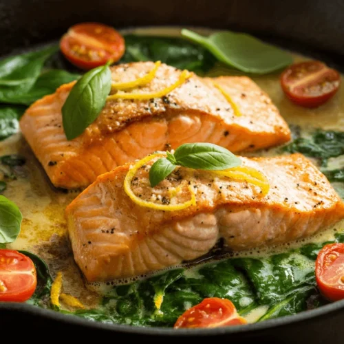 Creamy Tuscan salmon in a skillet with spinach, cherry tomatoes, and lemon garnish