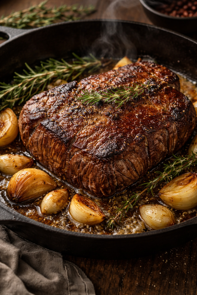 Seared chuck roast with a deep brown crust in a hot pan, surrounded by garlic, onions, and fresh herbs before slow cooking