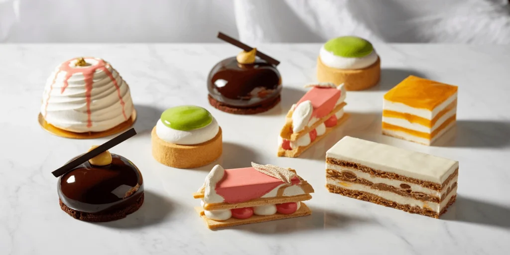 Assortment of sophisticated dessert recipes on marble: rose pistachio pavlova, chocolate mirror glaze entremets, yuzu tartlet, strawberry basil millefeuille, mango passion verrine, hazelnut opera cake