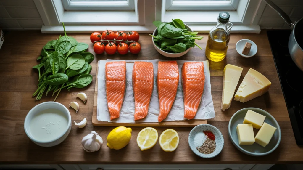 Creamy Tuscan salmon in a skillet with spinach, cherry tomatoes, and garlic parmesan sauce