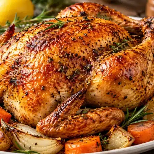 dry brine roast chicken with crispy golden skin in cast iron skillet