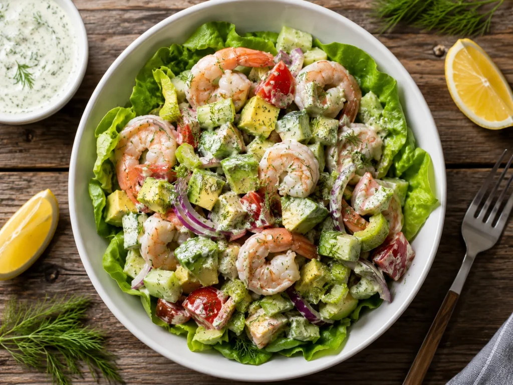 Easy shrimp salad with lemon dill dressing in a bowl