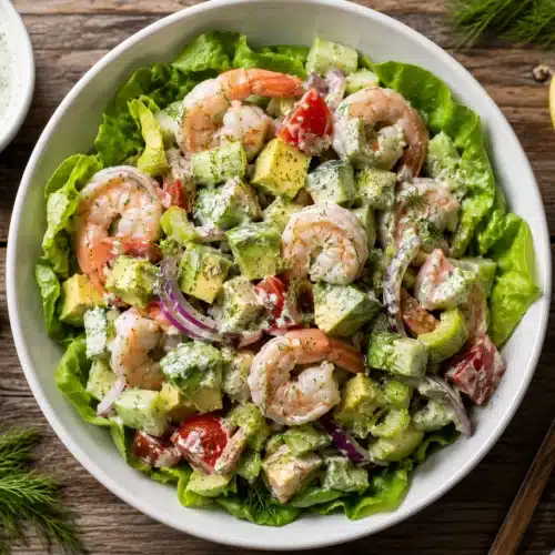 Easy shrimp salad with lemon dill dressing in a bowl