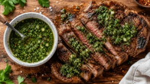 Authentic chimichurri recipe: bright green Argentinian herb sauce spooned over grilled ribeye steak on wooden board